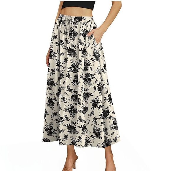 Black & Cream Floral Pattern Midi Skirt M - Picture 9 of 9